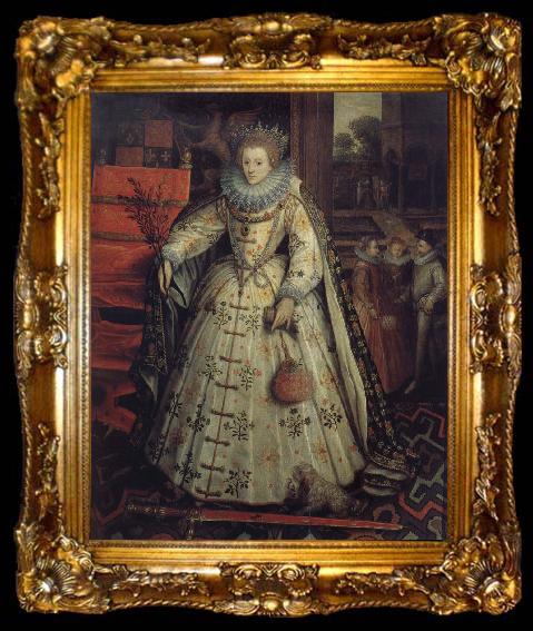 framed  Marcus Gheeraerts Queen Elizabeth with a view to a walled garden, ta009-2